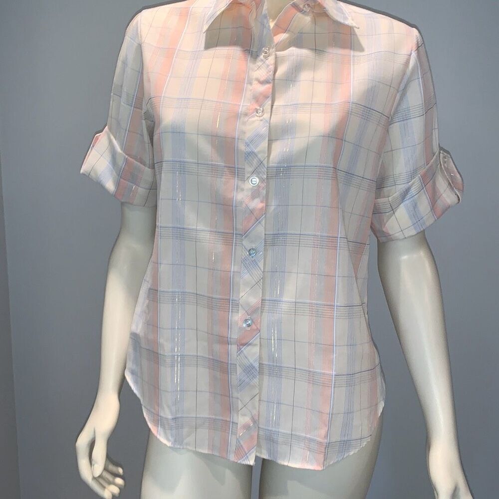 Vintage Shirt Accent Women’s Pastel Plaid‎ Button Down Shirt Size 38